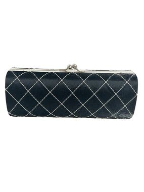 Unbranded Hardshell Black Quilted Satin Evening Clutch with Kiss Lock Closure